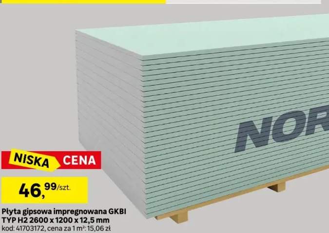 Płyta gipsowa impregnowana GKBI TYP H2 2600 x 1200 x 12.5 mm NORGIPS