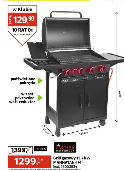 Grill gazowy 13,7kW Manhattan 4+1 palniki + reduktor + żeliwny ruszt Activia