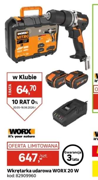 Wiertarko-wkrętarka akumulatorowa udarowa 20V 2x4Ah Nitro WX352 Worx