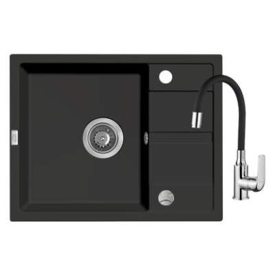 Zlewozmywak granitowy Hack czarny 44 cm z baterią elastyczną Kuchinox
