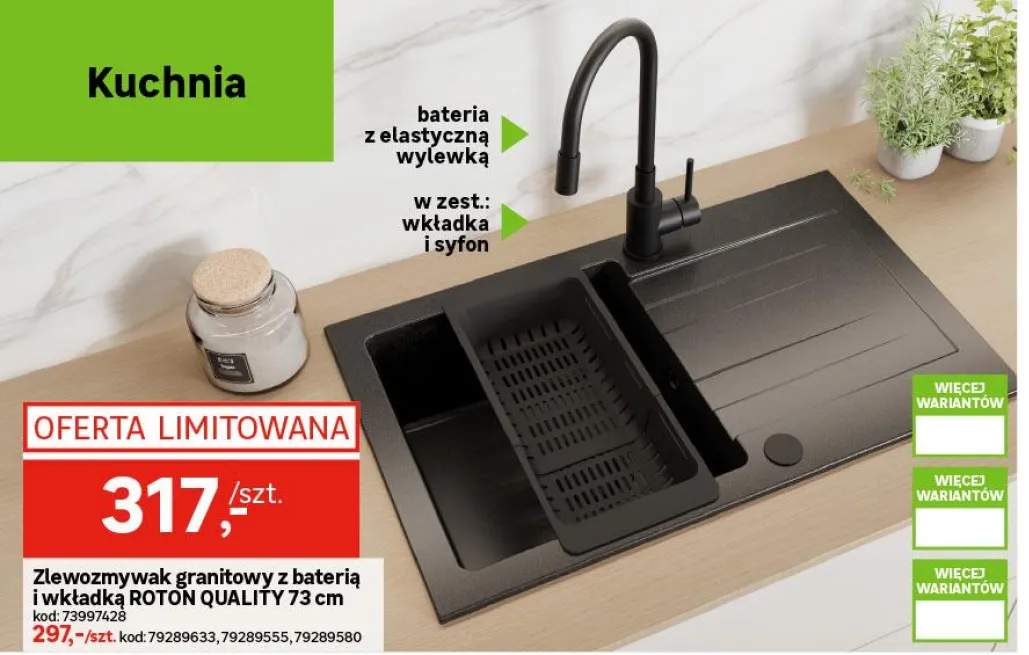 Zlewozmywak granitowy z baterią Roton 73 cm czarny Quality