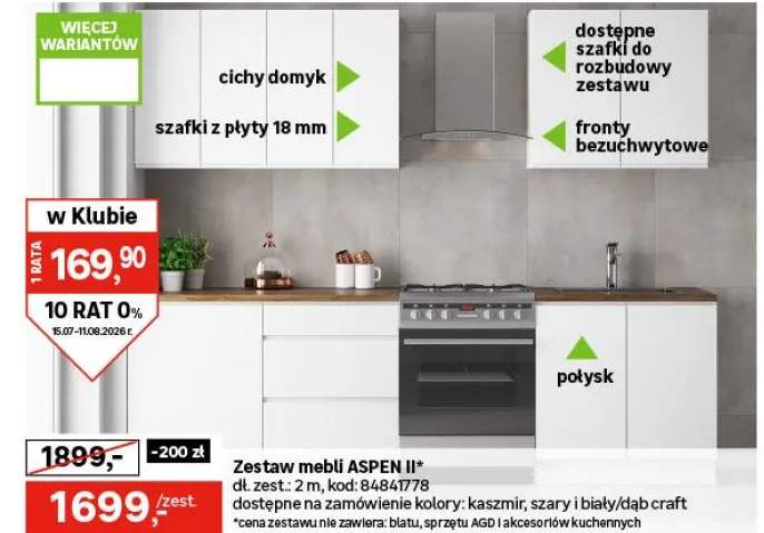 Zestaw mebli kuchennych Aspen II 6 el. 200 cm kolor biały