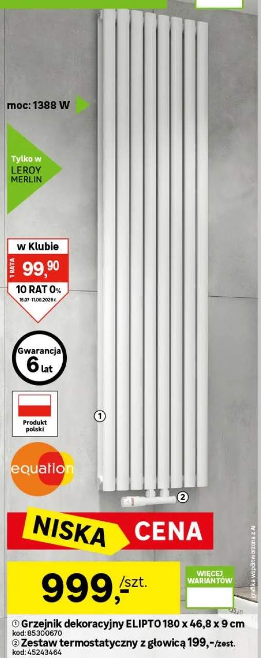 Grzejnik ELIPTO 180x46.8 cm Biały ZDC 1388W Roz 5cm 10 Bar EQUATION