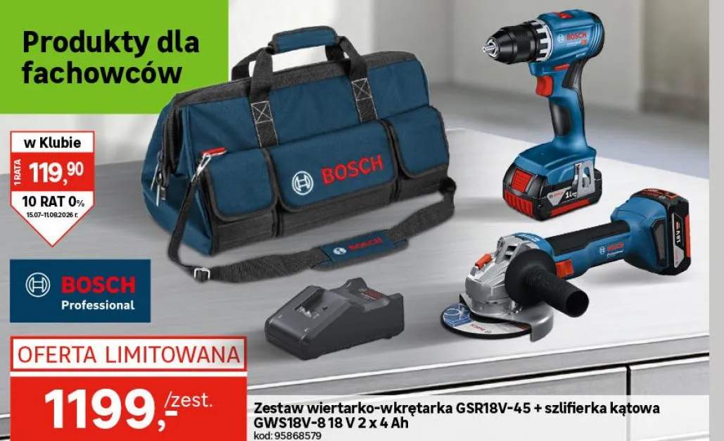 Zestaw wiertarko-wkrętarka GSR18V-45 + szlifierka kątowa GWS18V-8 18V 2 x 4Ah Bosch Professional