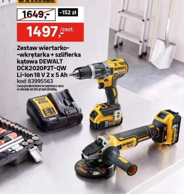 Zestaw wiertarko-wkrętarka+szlifierka kątowa DEWALT DCK2020P2T-QW Li-Ion 18V 2x5Ah