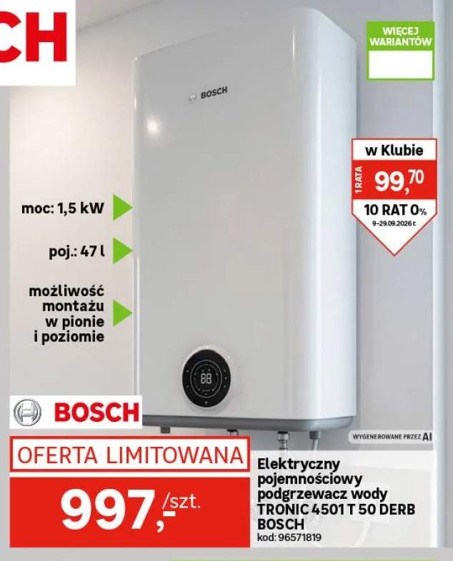 Elektryczny pojemnościowy podgrzewacz wody Tronic 4501 T 50 Derb Bosch