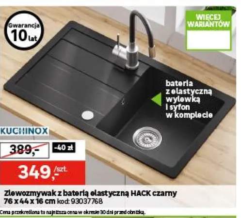 Zlewozmywak granitowy Hack czarny 76 cm z baterią elastyczną Kuchinox