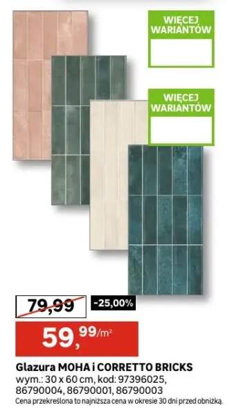 Glazura Corretto Bricks 30x60 cm +1 wariant