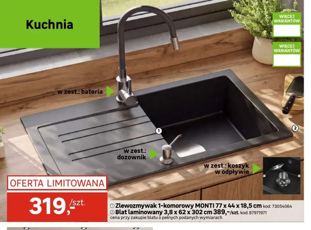 Zlewozmywak 1-komorowy Monti 77x44x18,5 cm +1 wariant