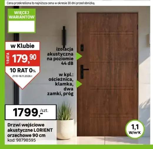 Drzwi wejściowe akustyczne Lorient orzechowe 90 cm