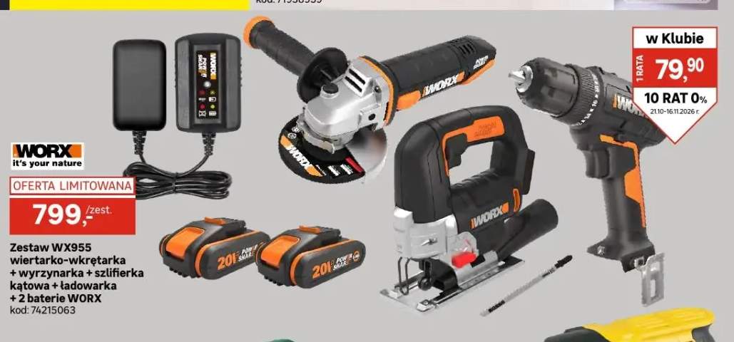 Zestaw WX955 wiertarko-wkrętarka + wyrzynarka + szlifierka kątowa + ładowarka + 2 baterie Worx